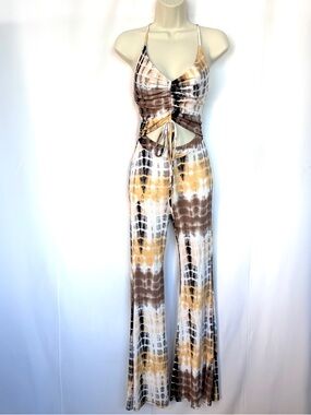 MONACO TIE-DYE BOHO FESTIVAL ONE-PIECE CUT-OUT FLARE LEG JUMPSUIT YELLOW NEW SzS